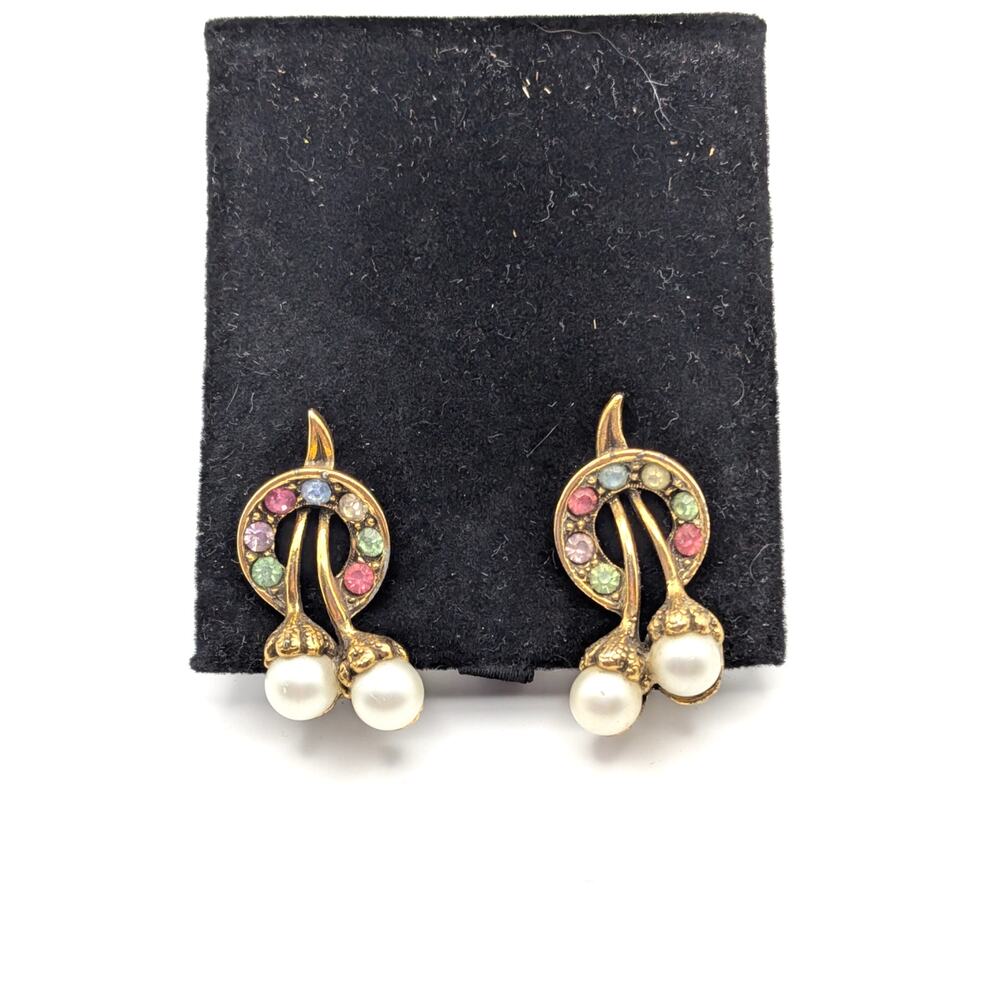 Vintage Gold Tone Faux Pearl Rhinestone Cherry Clip On Earrings Pastel